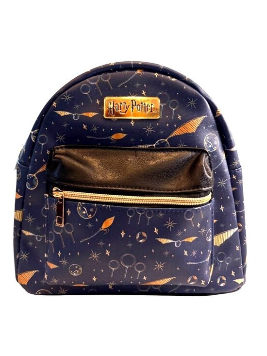 harry potter navy & gold quidditch mini backpack Loungefly! Leather: Uniform Slim side pockets and a front pocket featuring a metallic gold Snitch applique and enamel Quidditch player zipper pull offer space for smaller items Harry Potter Navy Blue Quidditch